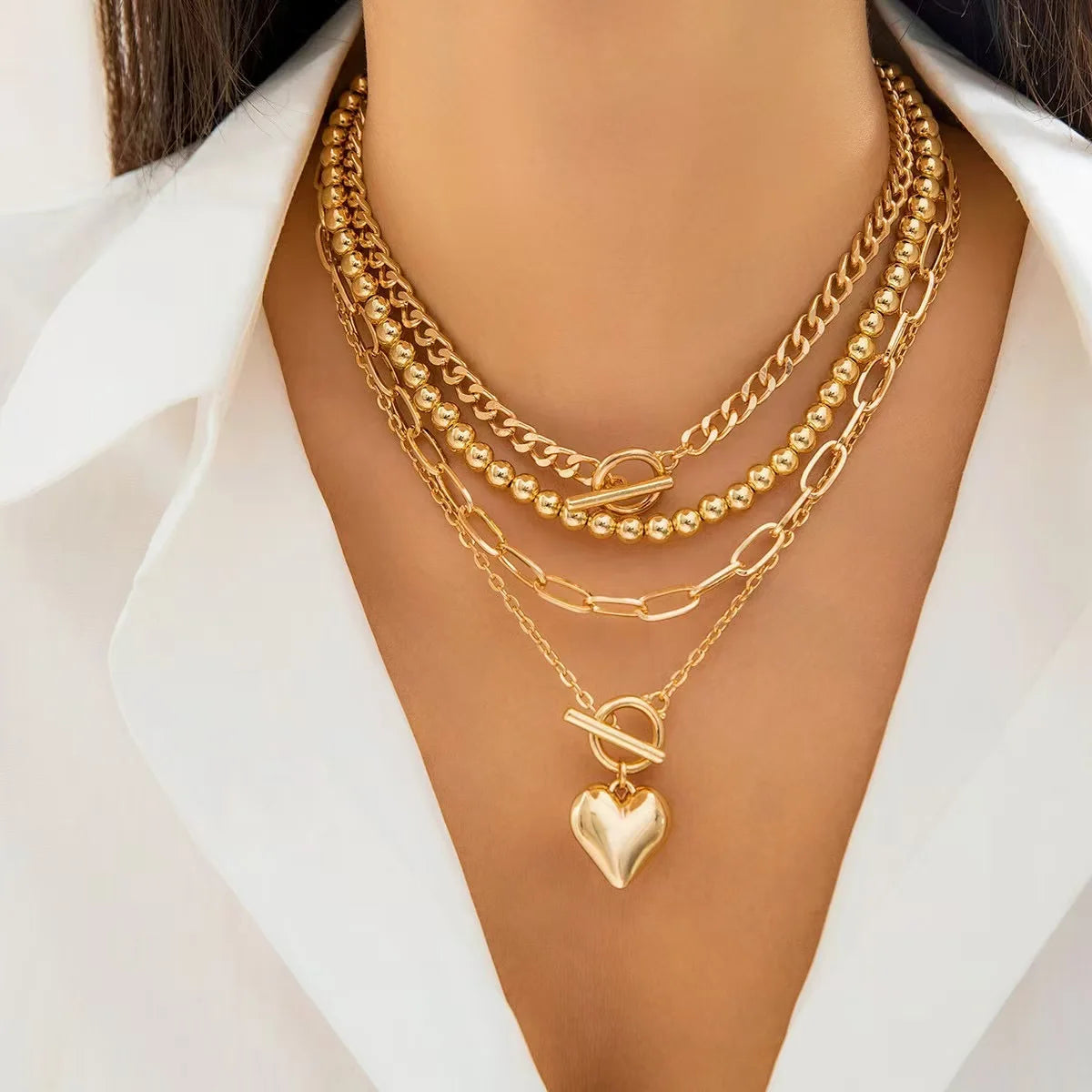 Big Ball Beaded Chain with Dmulti-layer Heart Pendant Necklace for Women Trendy Ladies Beades Collar on Neck Accessories Gift