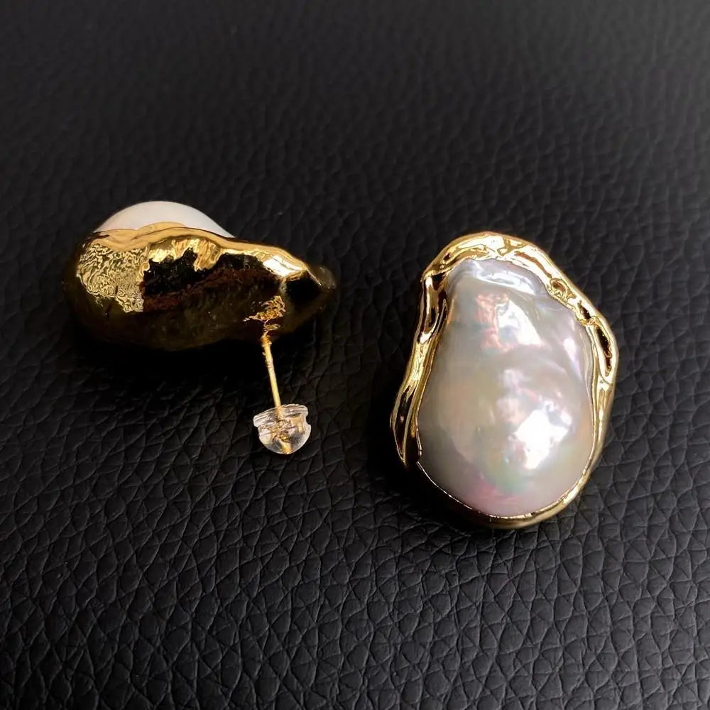 KKGEM 21x28mm Natural Cultured White Keshi Baroque Pearl Gold Plated Stud Earrings