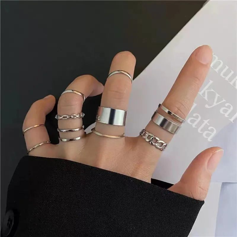 Cross-Border New Punk Style 10PCS Minimalist All-Match Glossy Men's And Women's Ring Sets, Men's And Women's Punk Chain Finger R