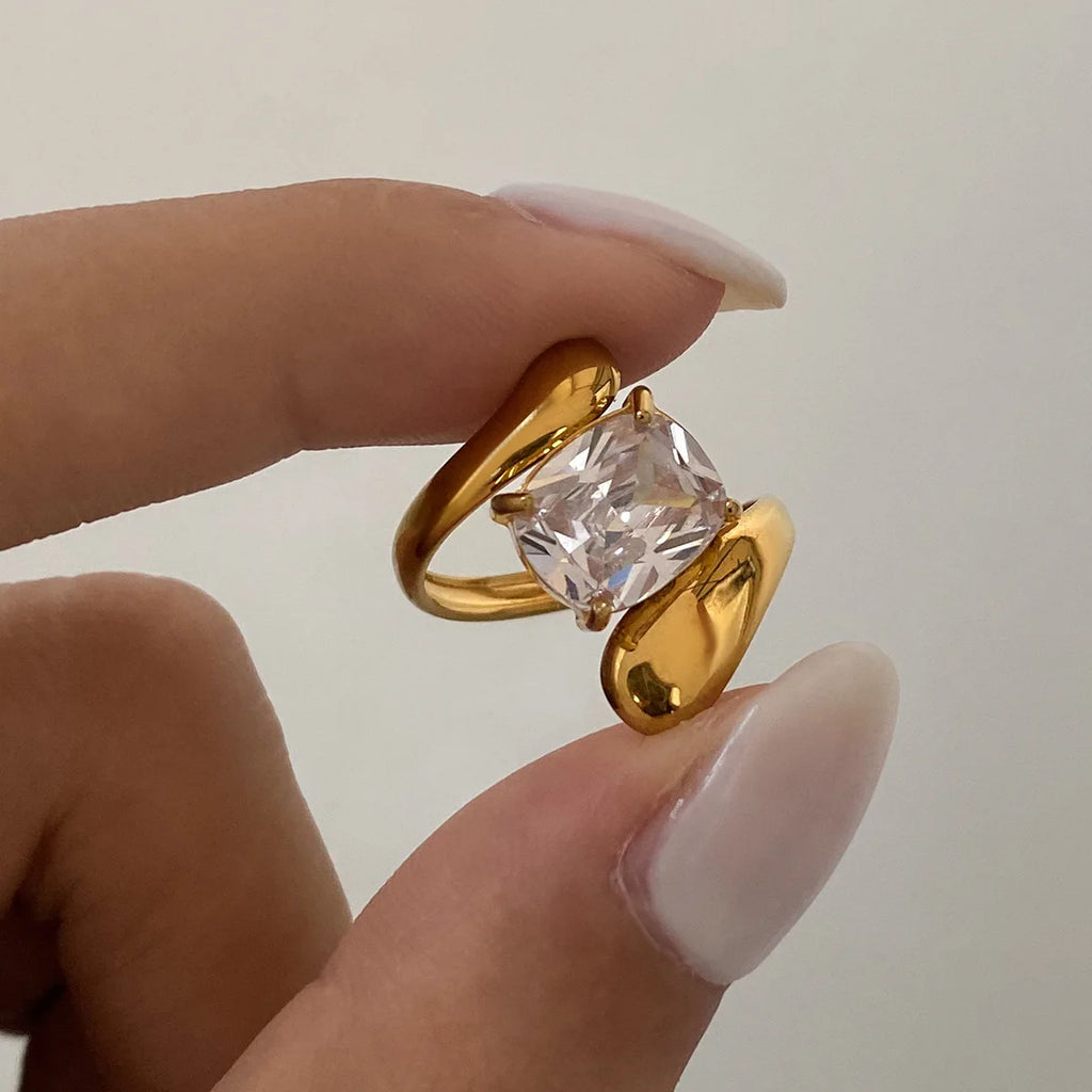 Stainless Steel Water Drop Shaped Large Zircon Rings 18K Gold Plated Opening Ring Women Waterproof Statement Jewelry