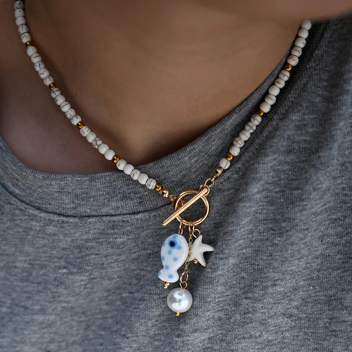 Bohemian Sea-Inspired Ceramic Fish & Starfish Pendant Necklace with 4mm Synthetic Turquoise Beads,  Lightweight Beach Jewelry