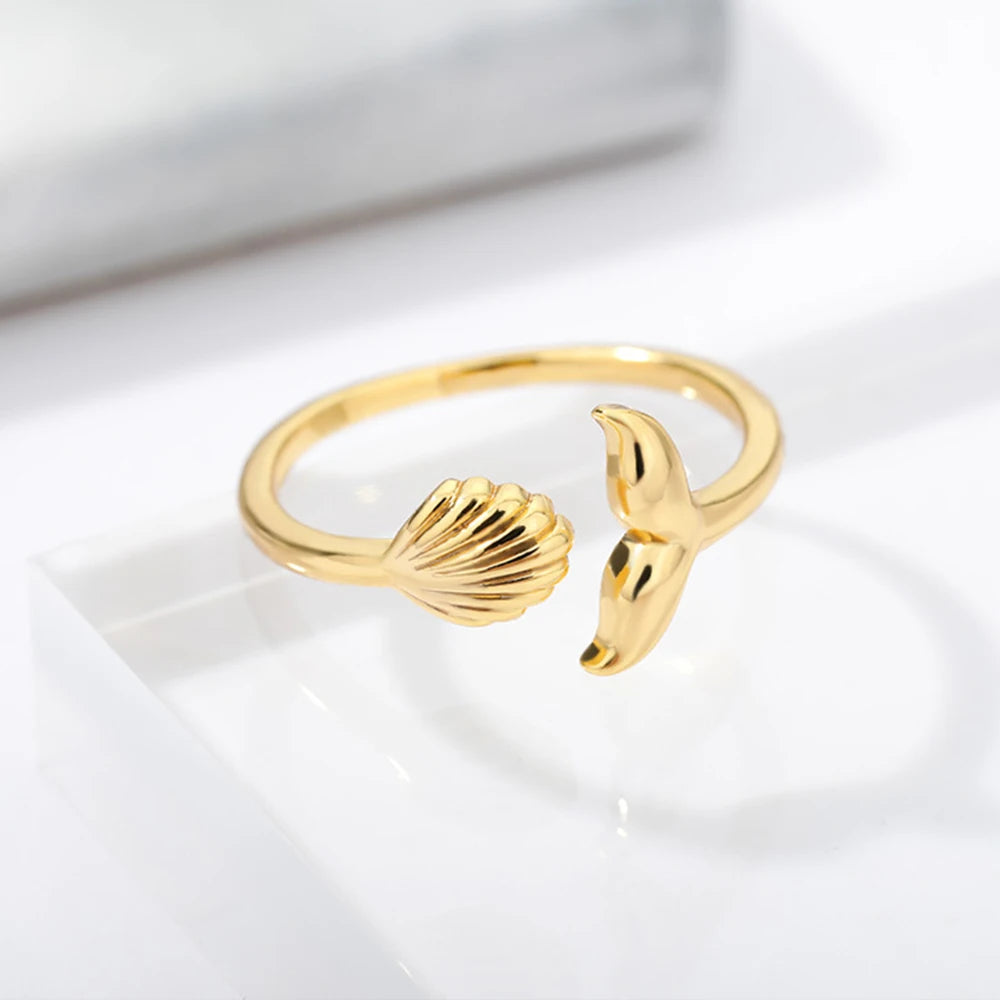 Ocean Starfish Shell Open Rings For Women Gold Color Stainless Steel Ring Summer Beach Aesthetic Waterproof Jewelry Gift