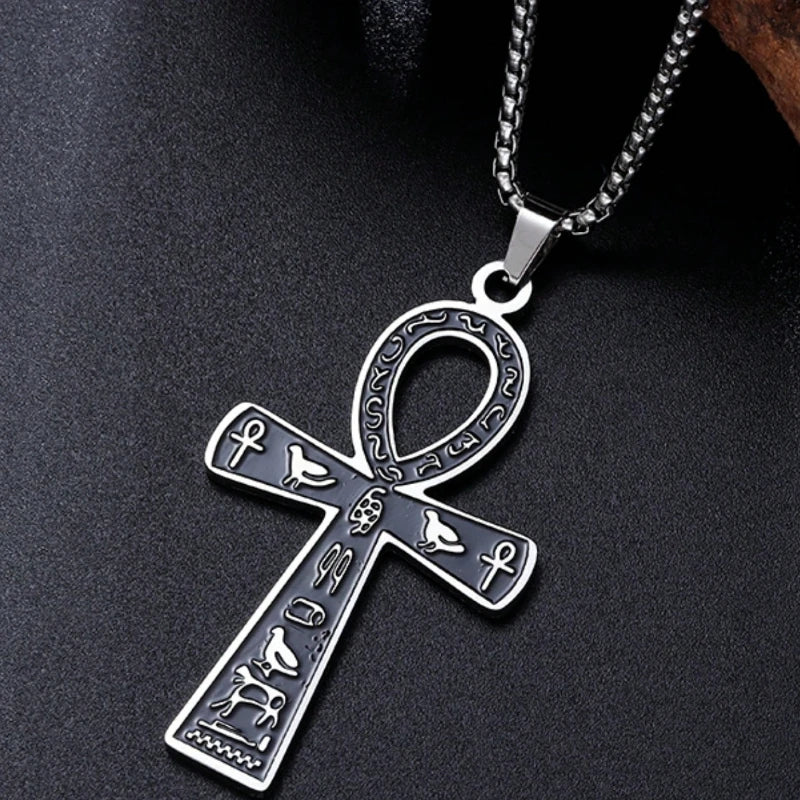 Retro Stainless Steel Ancient Egyptian Ankh Cross Totem Pendant Necklace for Men and Women Pharaoh Life Key Amulet Jewelry