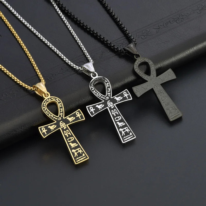Retro Stainless Steel Ancient Egyptian Ankh Cross Totem Pendant Necklace for Men and Women Pharaoh Life Key Amulet Jewelry