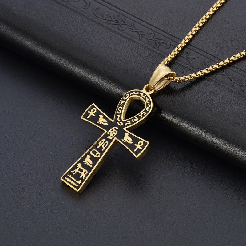 Retro Stainless Steel Ancient Egyptian Ankh Cross Totem Pendant Necklace for Men and Women Pharaoh Life Key Amulet Jewelry