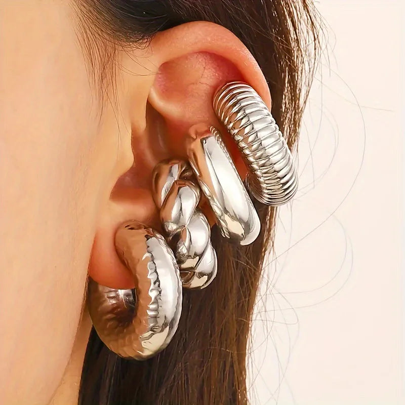 Fashion 4pcs C Shaped Acrylic Ear Clip for Women Simple Gold Silver Color No Pierced Round Earrings Punk Female Jewelry