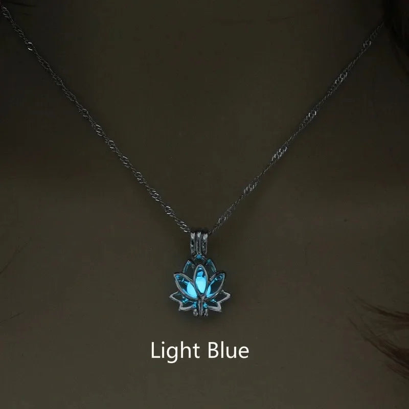 Luminous Glowing In The Dark Moon Lotus Flower Shaped Pendant Necklace For Women Yoga Prayer Buddhism Jewelry