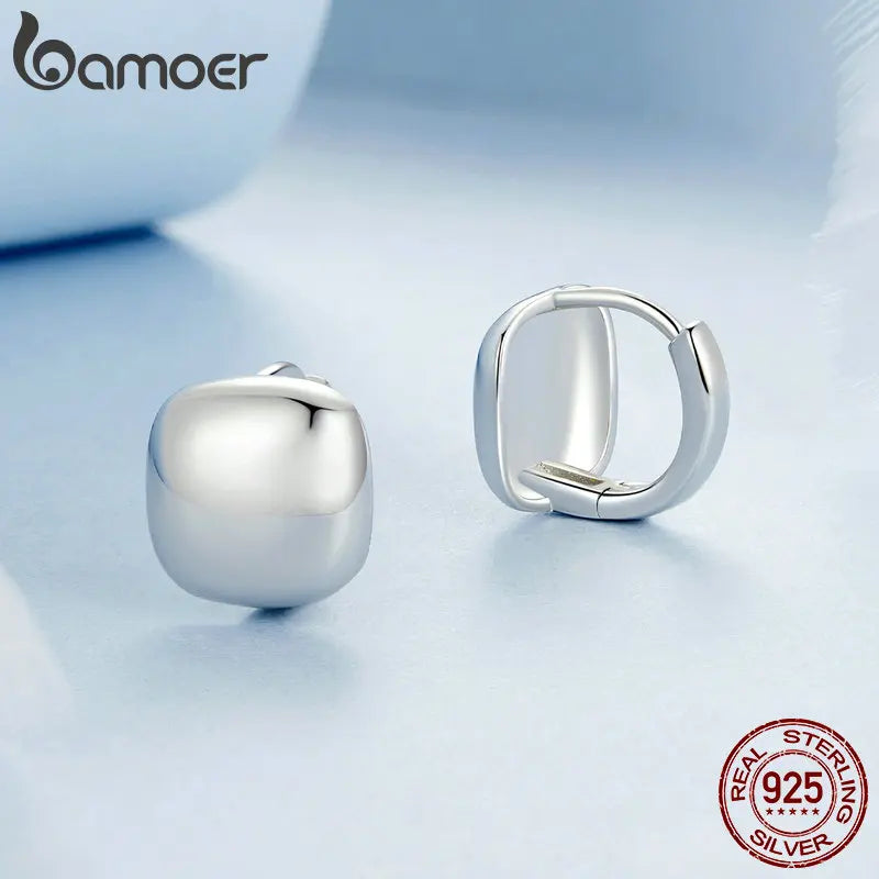 BAMOER 925 Sterling Silver Dainty Chunky Square Hoop Earrings for Women, White Gold Plated Hypoallergenic Lightweight Jewelry