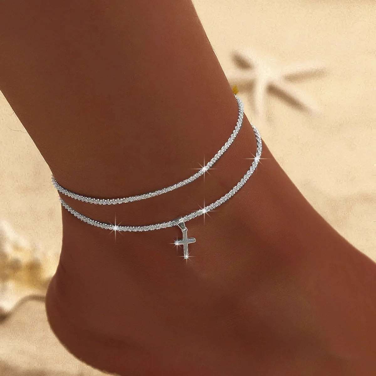 2pcs Sparkling Silver Color Starry Star Anklet For Women Summer Beach Vacation Jewelry Simple Trendy Gifts