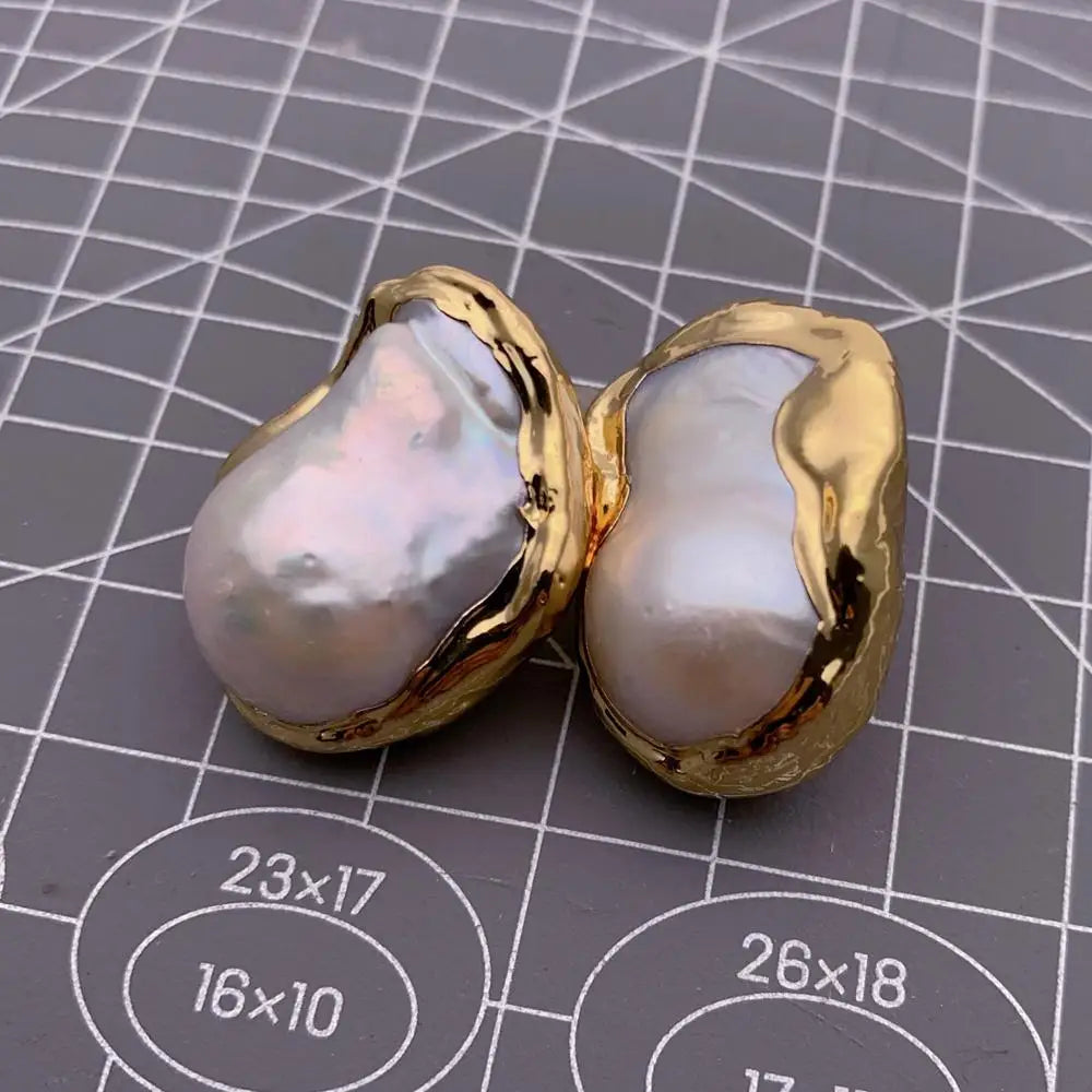 KKGEM 21x28mm Natural Cultured White Keshi Baroque Pearl Gold Plated Stud Earrings