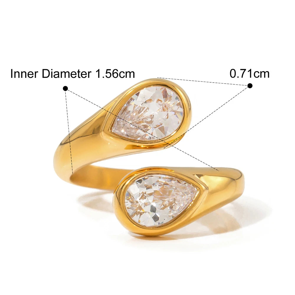 Stainless Steel Water Drop Shaped Large Zircon Rings 18K Gold Plated Opening Ring Women Waterproof Statement Jewelry