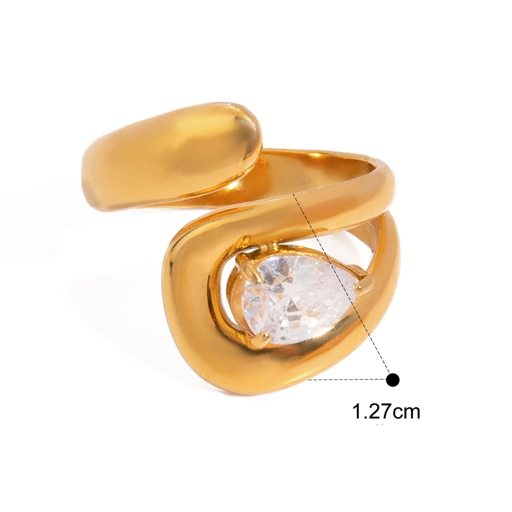 Stainless Steel Water Drop Shaped Large Zircon Rings 18K Gold Plated Opening Ring Women Waterproof Statement Jewelry