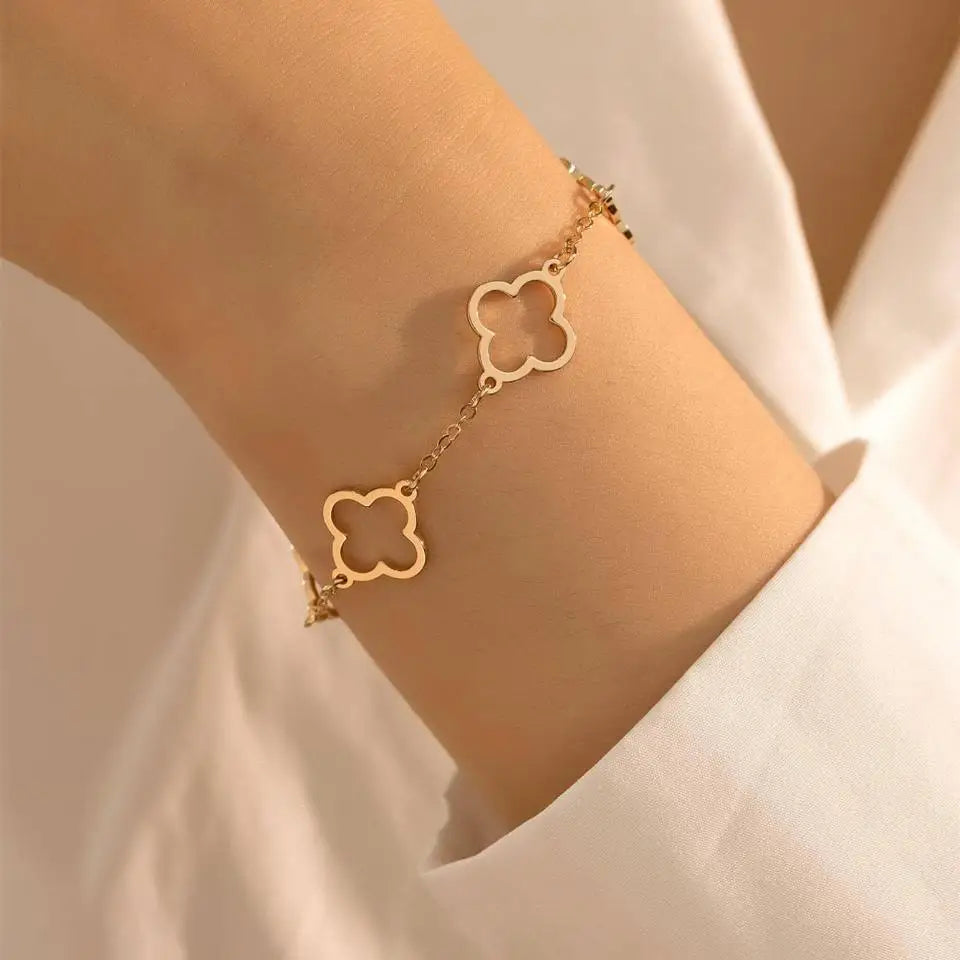 2Pcs Women's Lucky Clover And Heart Bracelet Set Stainless Steel Shiny Zircon Charm Party Jewelry Gift