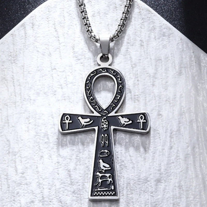 Retro Stainless Steel Ancient Egyptian Ankh Cross Totem Pendant Necklace for Men and Women Pharaoh Life Key Amulet Jewelry
