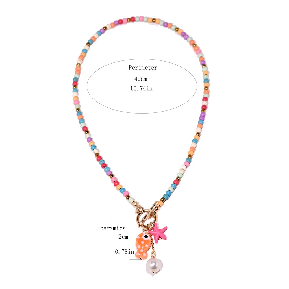 Bohemian Sea-Inspired Ceramic Fish & Starfish Pendant Necklace with 4mm Synthetic Turquoise Beads,  Lightweight Beach Jewelry