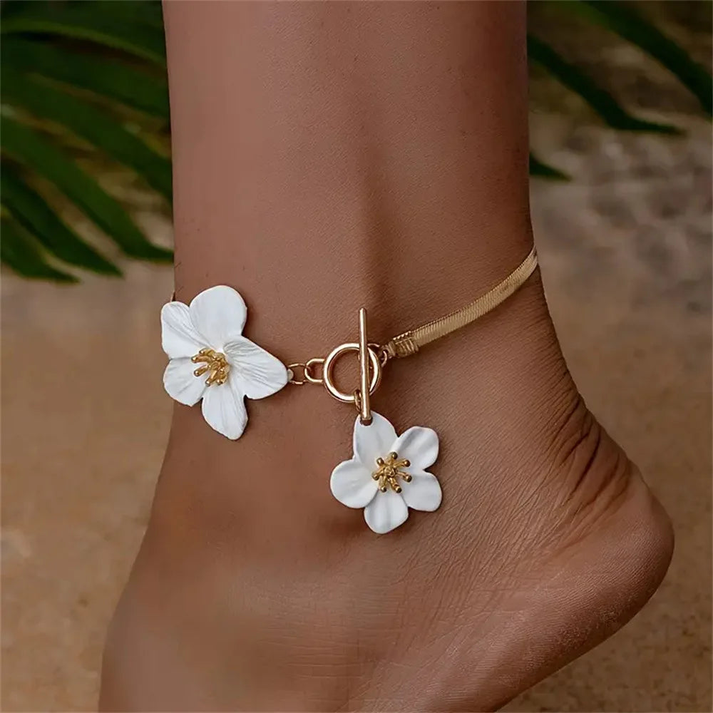 Summer Bohemian White Yellow Flower Charm Foot Chain Women Beach Vacation Anklet Trendy Daily Wearing Jewelry