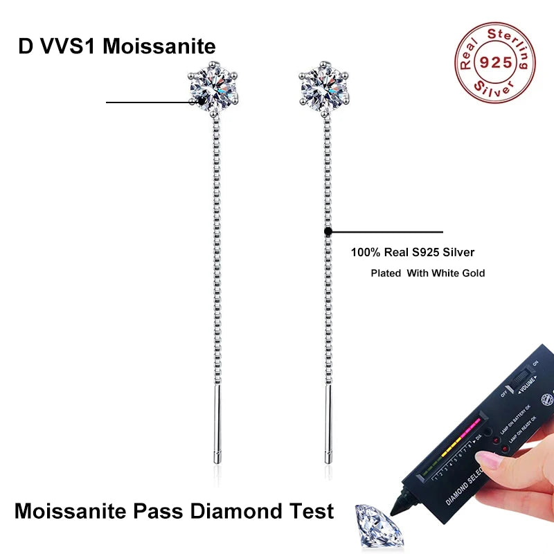 NeeTim 1CT Moissanite Earrings S925 Sterling Silver Plated with White Gold Ear Wire Line Drop Earring Hoop Wedding Fine Jewelry