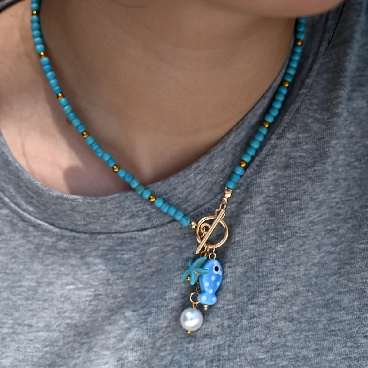 Bohemian Sea-Inspired Ceramic Fish & Starfish Pendant Necklace with 4mm Synthetic Turquoise Beads,  Lightweight Beach Jewelry