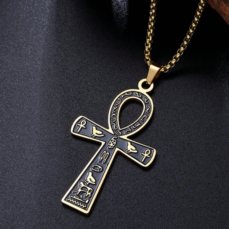 Retro Stainless Steel Ancient Egyptian Ankh Cross Totem Pendant Necklace for Men and Women Pharaoh Life Key Amulet Jewelry
