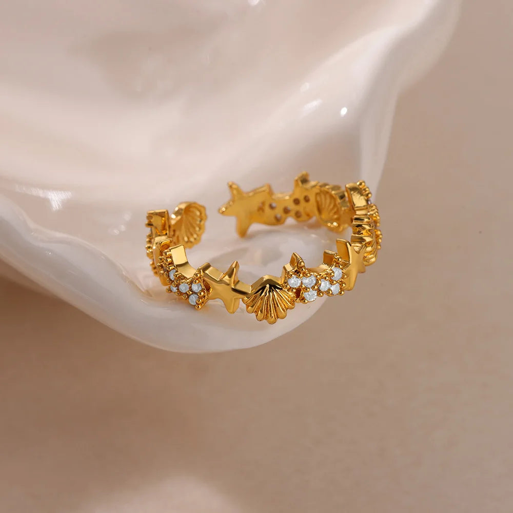 Ocean Starfish Shell Open Rings For Women Gold Color Stainless Steel Ring Summer Beach Aesthetic Waterproof Jewelry Gift