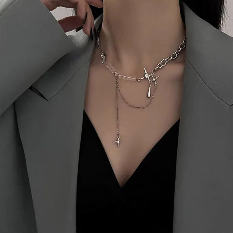 Y2k Irregular Star Chain Necklaces Women's Fashion Transparent Beads Zircon Choker Necklace Kpop Silver Color Summer Jewelry