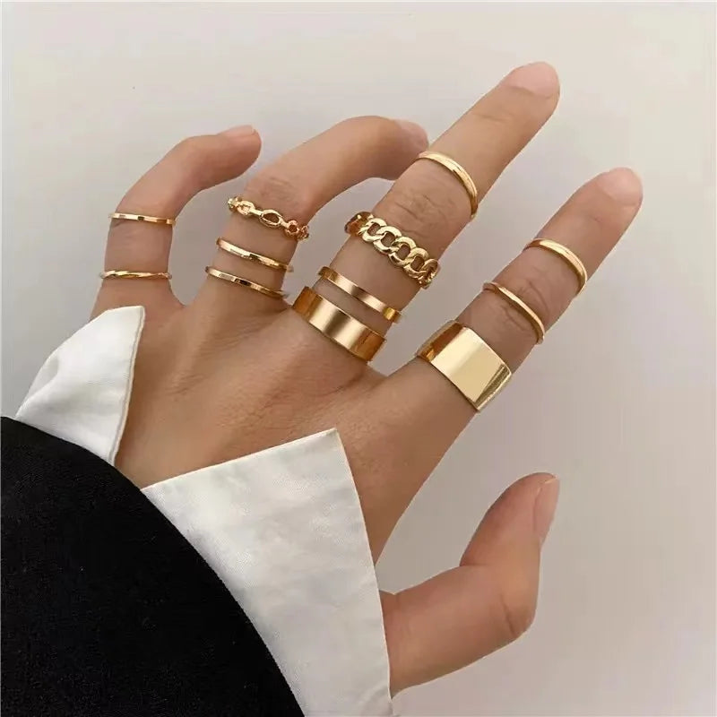 Cross-Border New Punk Style 10PCS Minimalist All-Match Glossy Men's And Women's Ring Sets, Men's And Women's Punk Chain Finger R