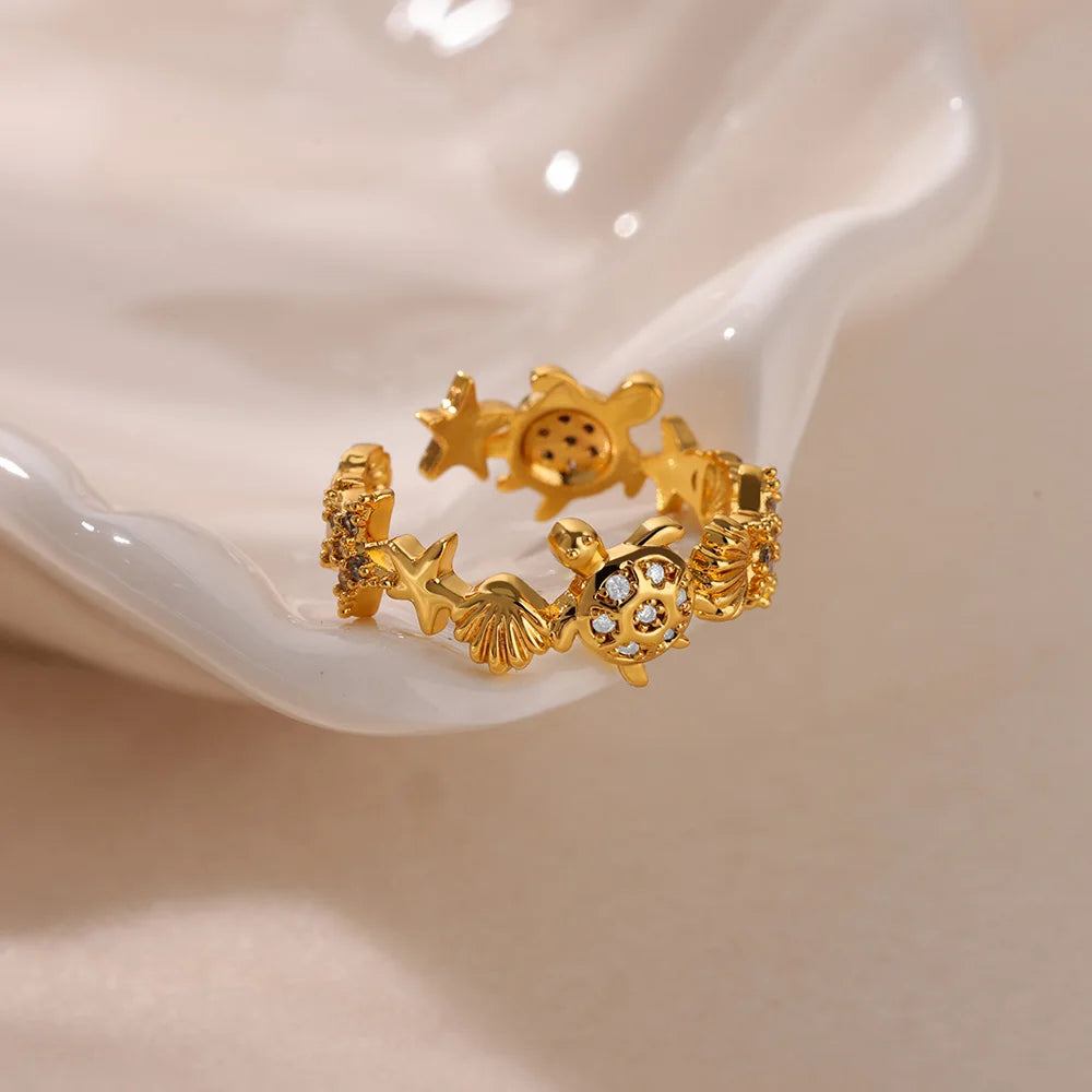 Ocean Starfish Shell Open Rings For Women Gold Color Stainless Steel Ring Summer Beach Aesthetic Waterproof Jewelry Gift