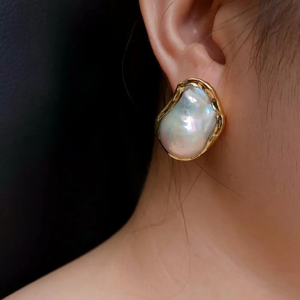 KKGEM 21x28mm Natural Cultured White Keshi Baroque Pearl Gold Plated Stud Earrings