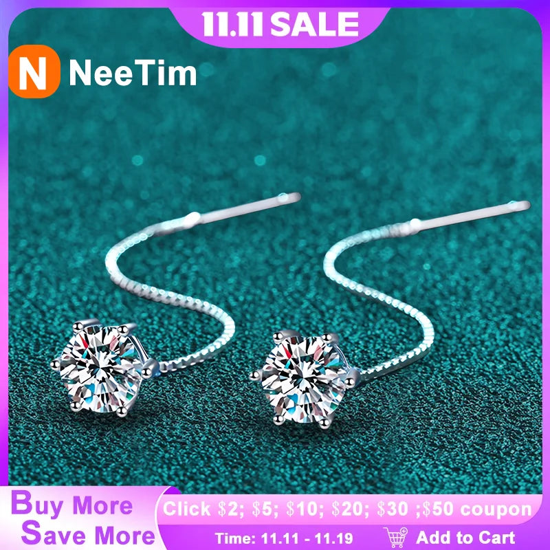 NeeTim 1CT Moissanite Earrings S925 Sterling Silver Plated with White Gold Ear Wire Line Drop Earring Hoop Wedding Fine Jewelry
