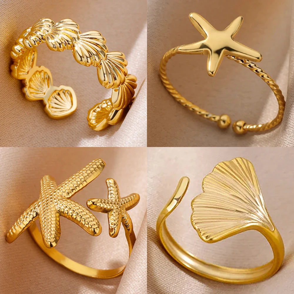 Ocean Starfish Shell Open Rings For Women Gold Color Stainless Steel Ring Summer Beach Aesthetic Waterproof Jewelry Gift