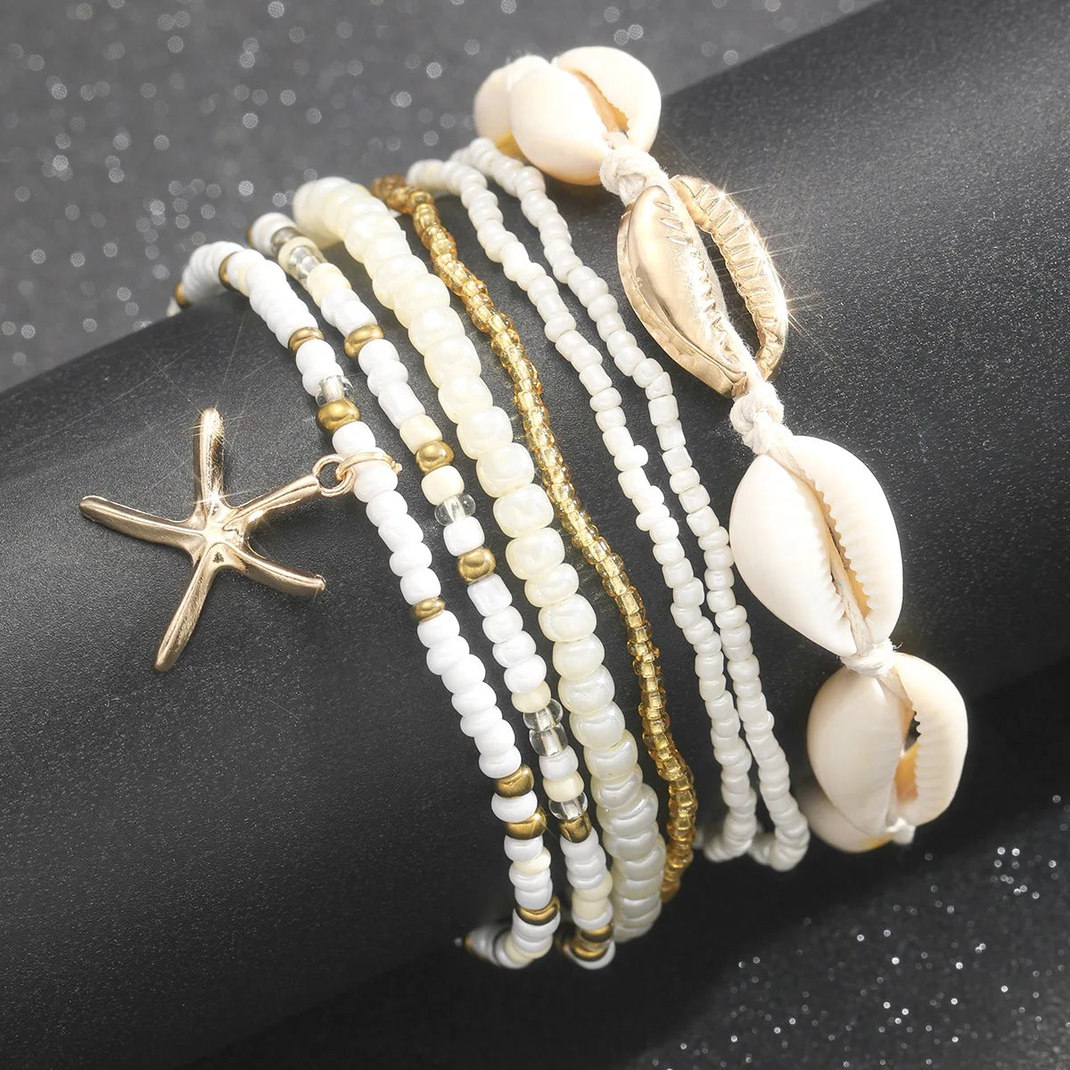 7pc/set Bohemian Rice Beads Starfish Pendant Anklet Set Fashion Summer Beach Sea Shell Multilayer Ankle Bracelet On Foot Jewelry