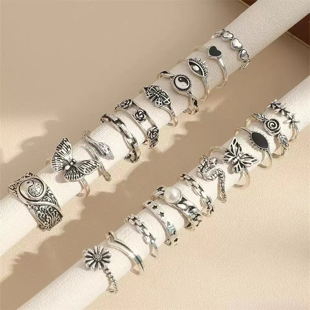 21PCS Cross-border New Punk-Style Butterfly Heart And Tai Chi design Multi-Element Snake Ring SSuits For Men And Women