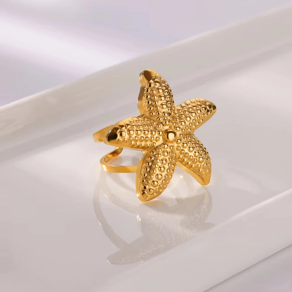 Ocean Starfish Shell Open Rings For Women Gold Color Stainless Steel Ring Summer Beach Aesthetic Waterproof Jewelry Gift