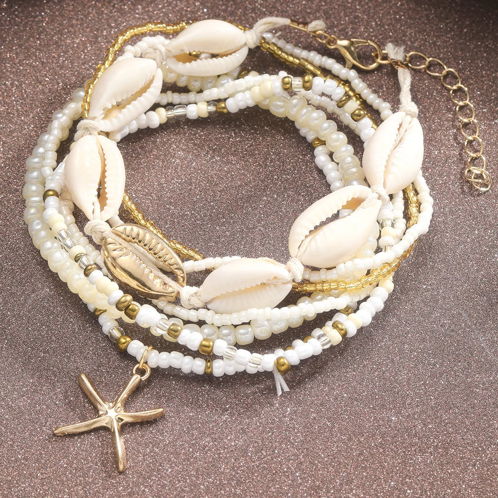 7pc/set Bohemian Rice Beads Starfish Pendant Anklet Set Fashion Summer Beach Sea Shell Multilayer Ankle Bracelet On Foot Jewelry