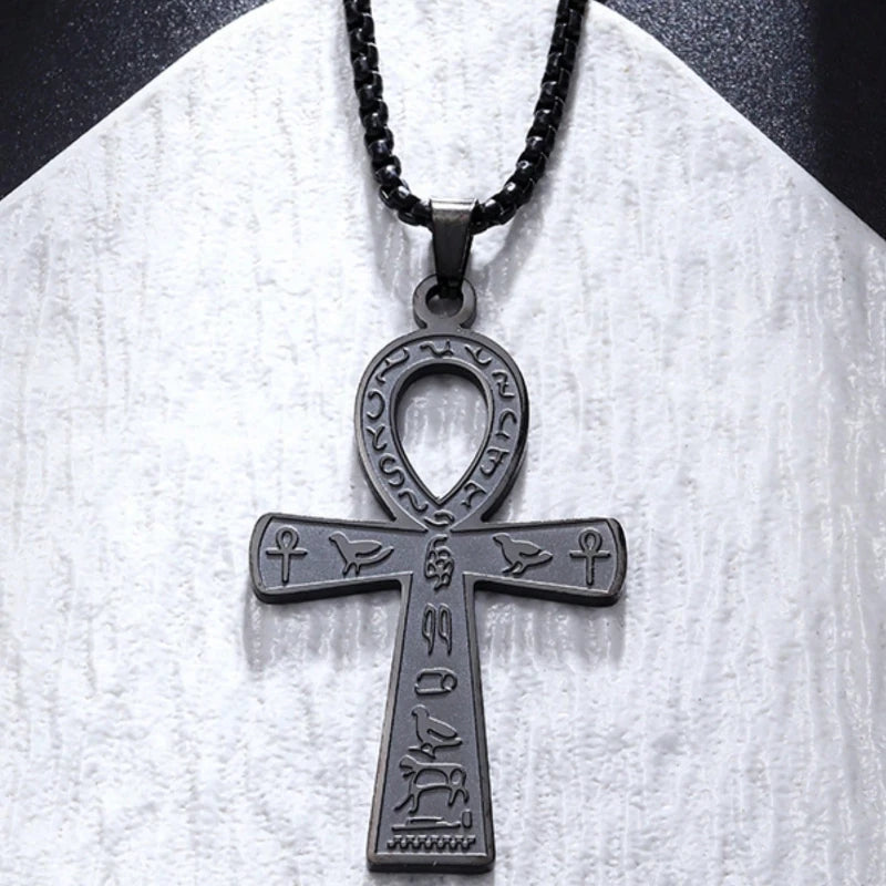 Retro Stainless Steel Ancient Egyptian Ankh Cross Totem Pendant Necklace for Men and Women Pharaoh Life Key Amulet Jewelry