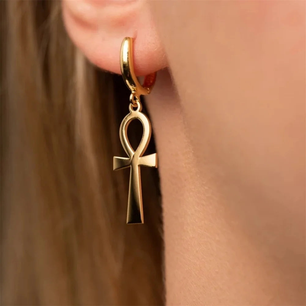 Retro Gold Color Egyptian Ankh Drop Earring Vintage Cross Women Dangle Earrings Stainless Steel Femme Punk Jewelry Gifts