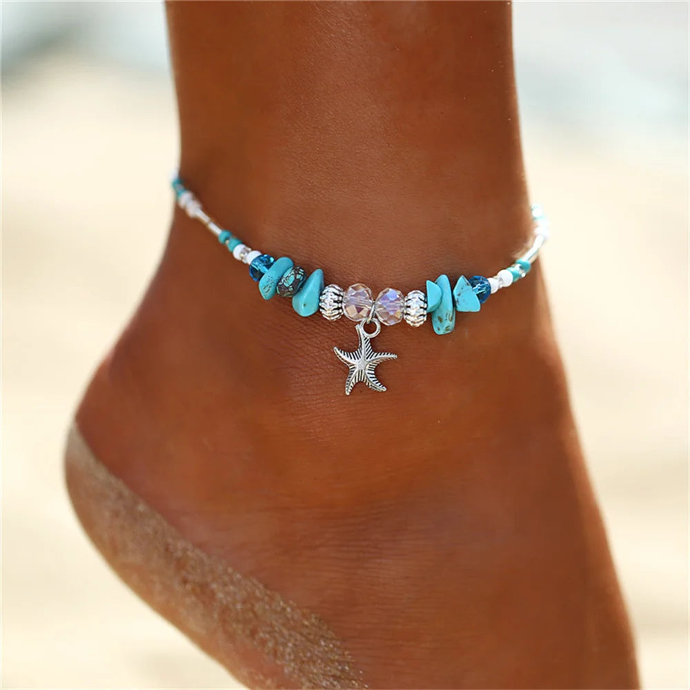 Bohemian Shell Starfish Summer Beach Anklets for Women Tortoise Ankle Bracelet on Leg Girls Barefoot Handcraft Chain Jewelry