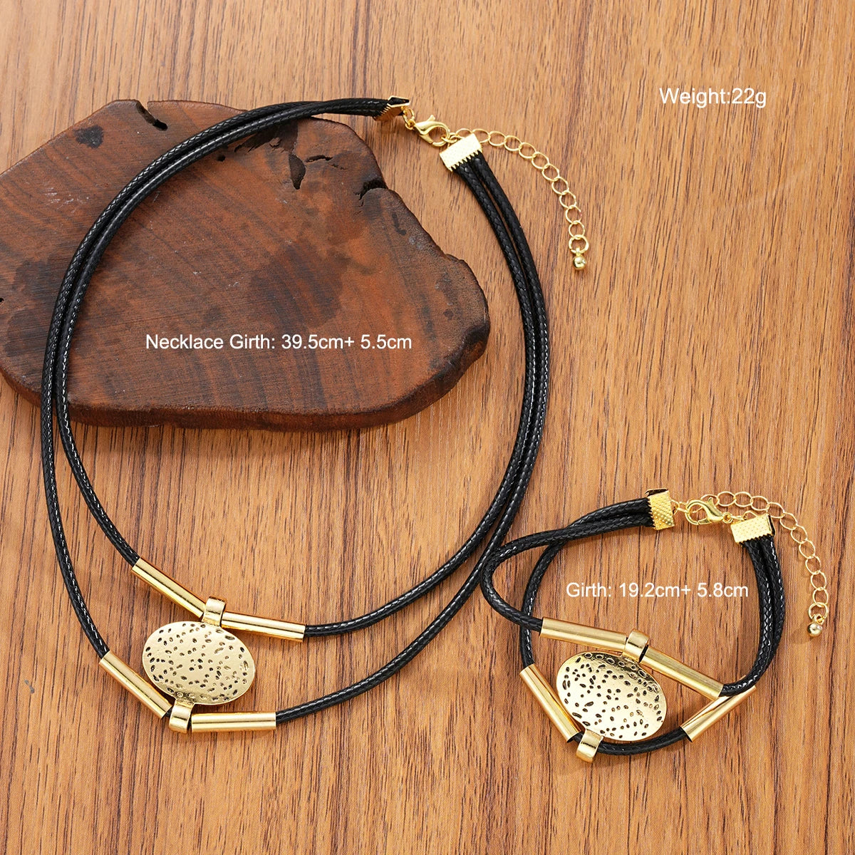 Vintage Oval Metal Faux Leather Necklace Bracelet For Women Fashion Gold Silver Color 2Pcs/Set Double Layered Chain Jewelry Sets