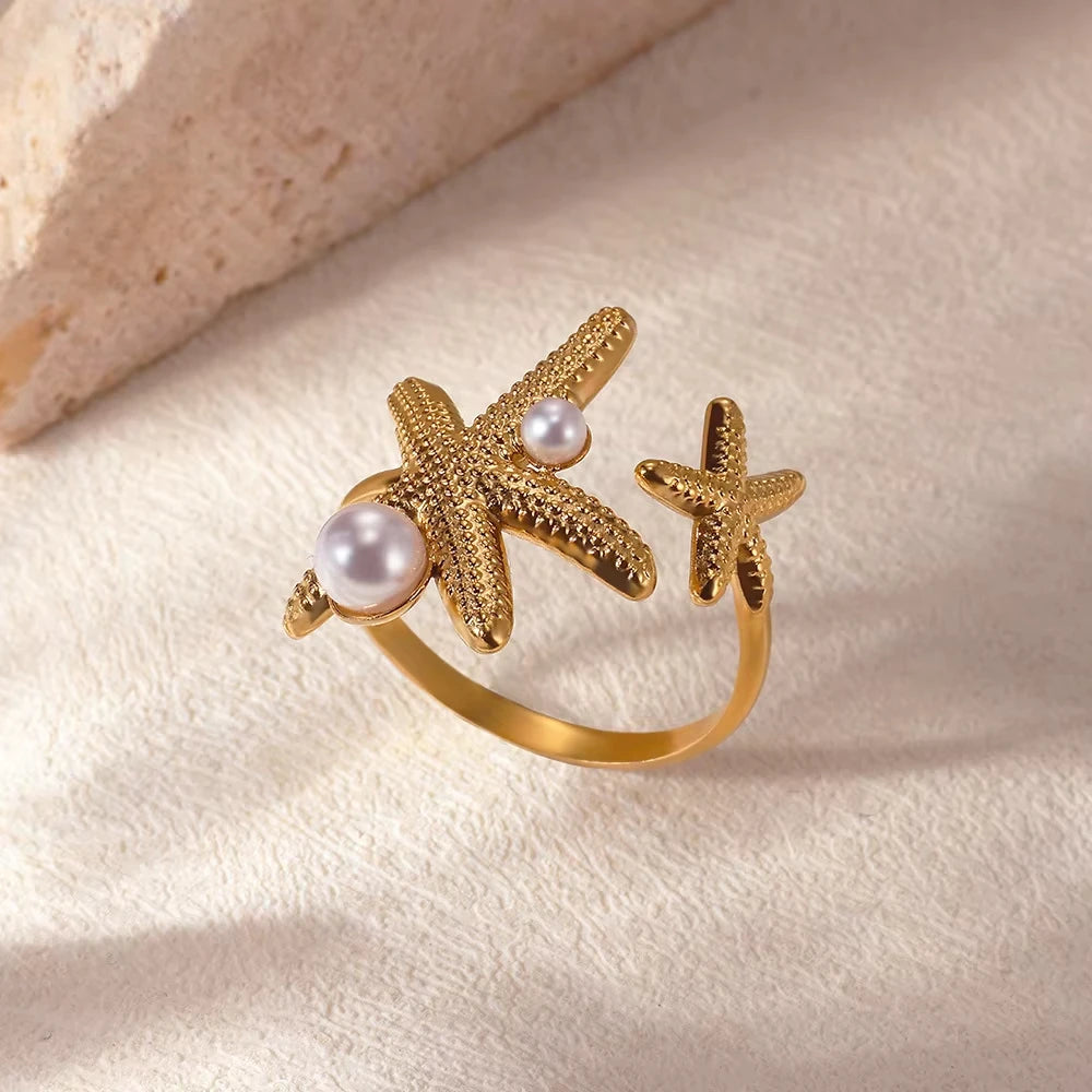 Ocean Starfish Shell Open Rings For Women Gold Color Stainless Steel Ring Summer Beach Aesthetic Waterproof Jewelry Gift