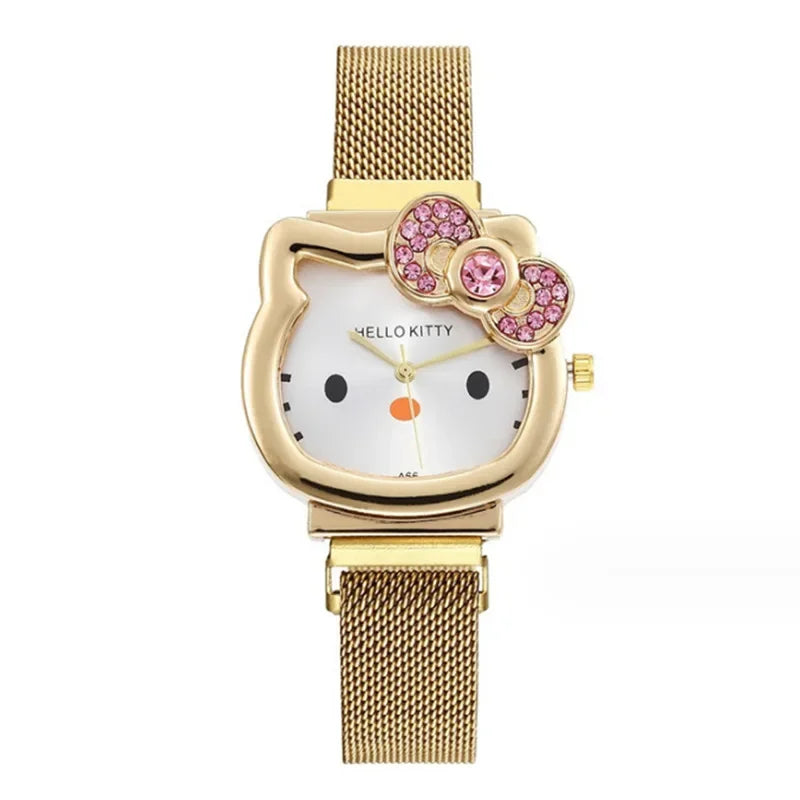 Hello Kitty Bow Diamond Watch Sanrio Anime Fashionable Quartz Watches Cute Cartoon Magnet Watches Girls Birthday Gifts