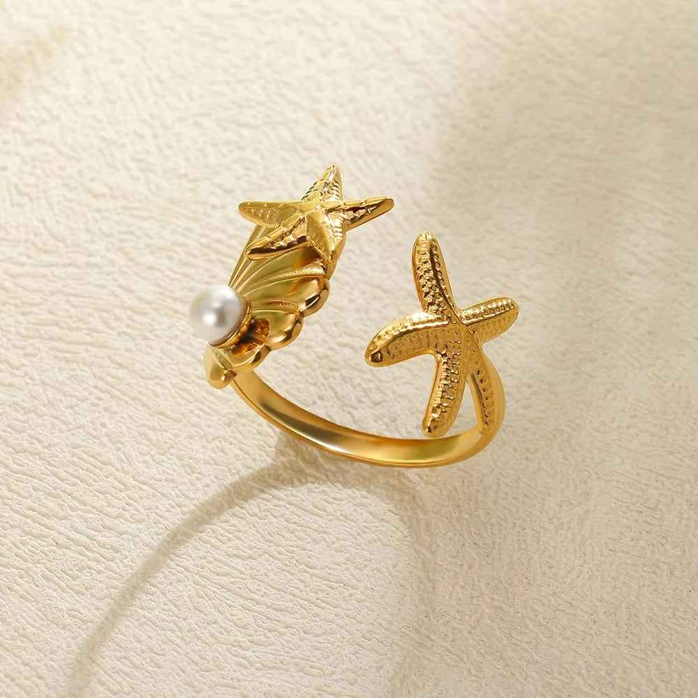 Ocean Starfish Shell Open Rings For Women Gold Color Stainless Steel Ring Summer Beach Aesthetic Waterproof Jewelry Gift