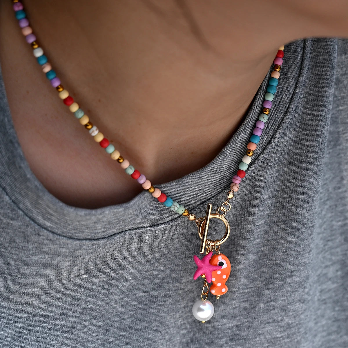 Bohemian Sea-Inspired Ceramic Fish & Starfish Pendant Necklace with 4mm Synthetic Turquoise Beads,  Lightweight Beach Jewelry