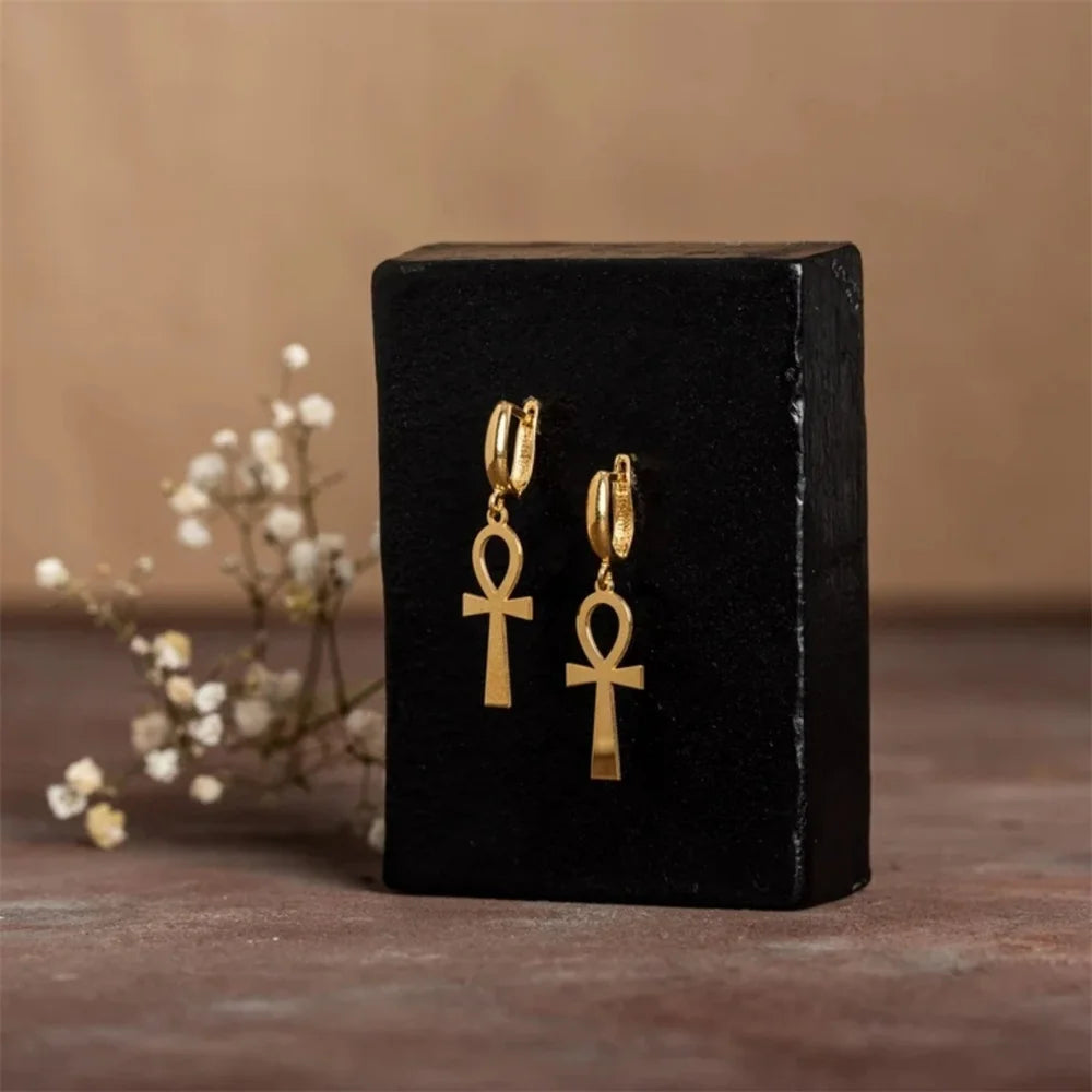 Retro Gold Color Egyptian Ankh Drop Earring Vintage Cross Women Dangle Earrings Stainless Steel Femme Punk Jewelry Gifts