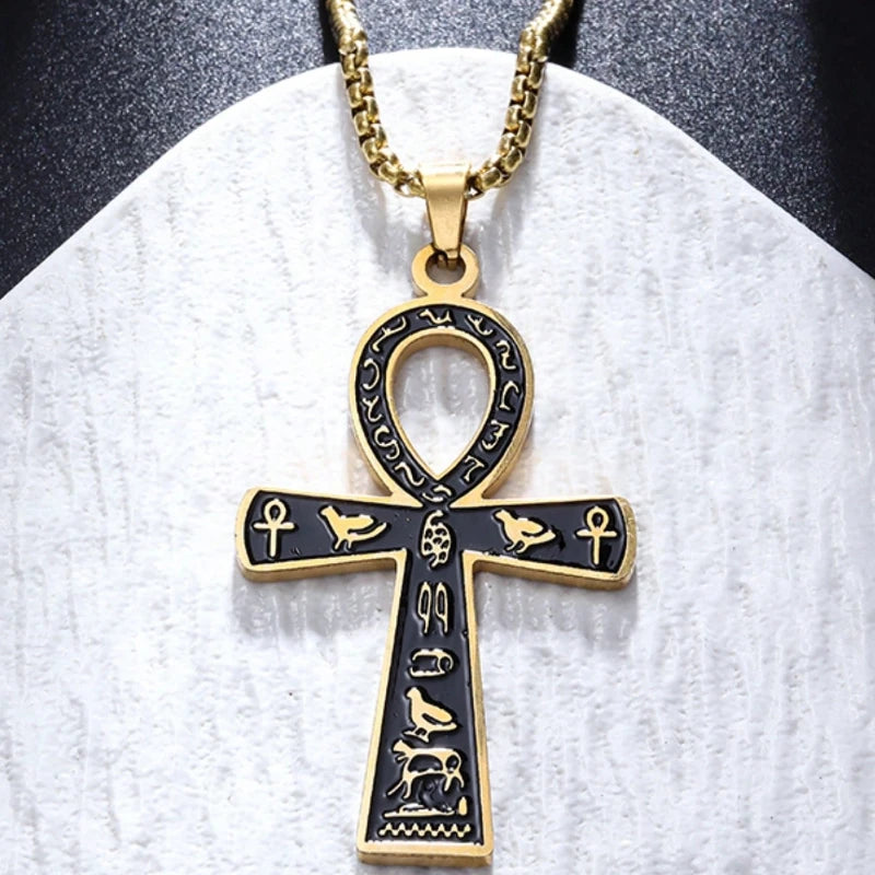 Retro Stainless Steel Ancient Egyptian Ankh Cross Totem Pendant Necklace for Men and Women Pharaoh Life Key Amulet Jewelry