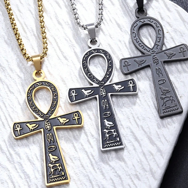 Retro Stainless Steel Ancient Egyptian Ankh Cross Totem Pendant Necklace for Men and Women Pharaoh Life Key Amulet Jewelry