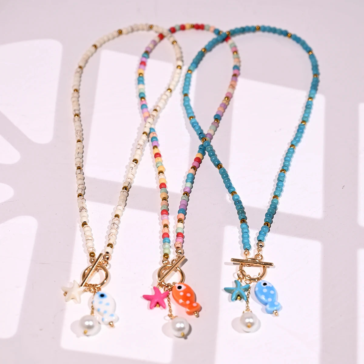 Bohemian Sea-Inspired Ceramic Fish & Starfish Pendant Necklace with 4mm Synthetic Turquoise Beads,  Lightweight Beach Jewelry