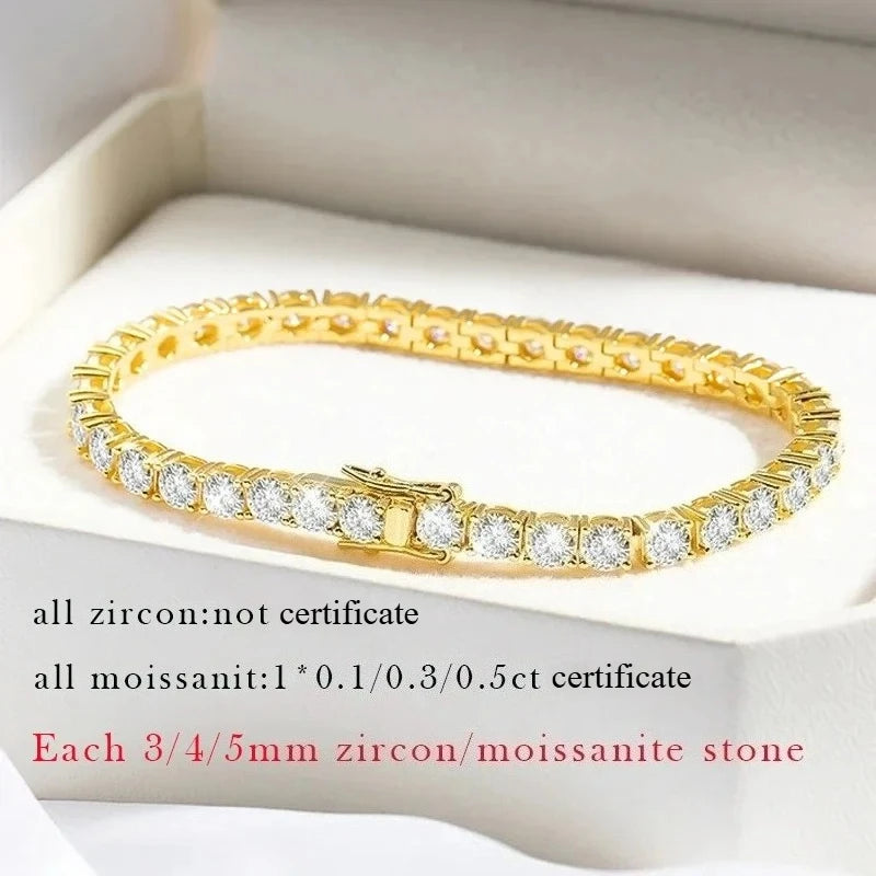 Smyoue 18k Gold Plated Moissanite Tennis Bracelet for Women 3/4/5mm Classic 925 Sterling Silver Certified Bracelet for Men Chain