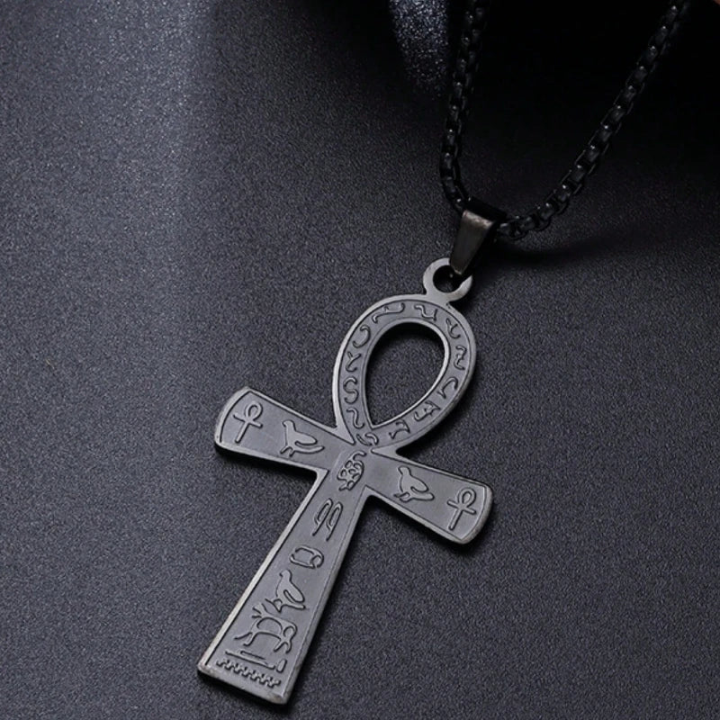 Retro Stainless Steel Ancient Egyptian Ankh Cross Totem Pendant Necklace for Men and Women Pharaoh Life Key Amulet Jewelry