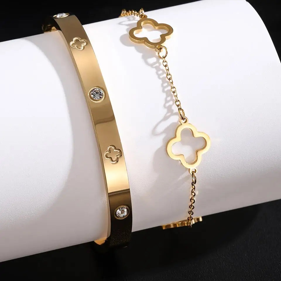 2Pcs Women's Lucky Clover And Heart Bracelet Set Stainless Steel Shiny Zircon Charm Party Jewelry Gift