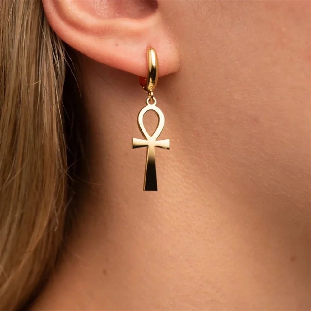 Retro Gold Color Egyptian Ankh Drop Earring Vintage Cross Women Dangle Earrings Stainless Steel Femme Punk Jewelry Gifts